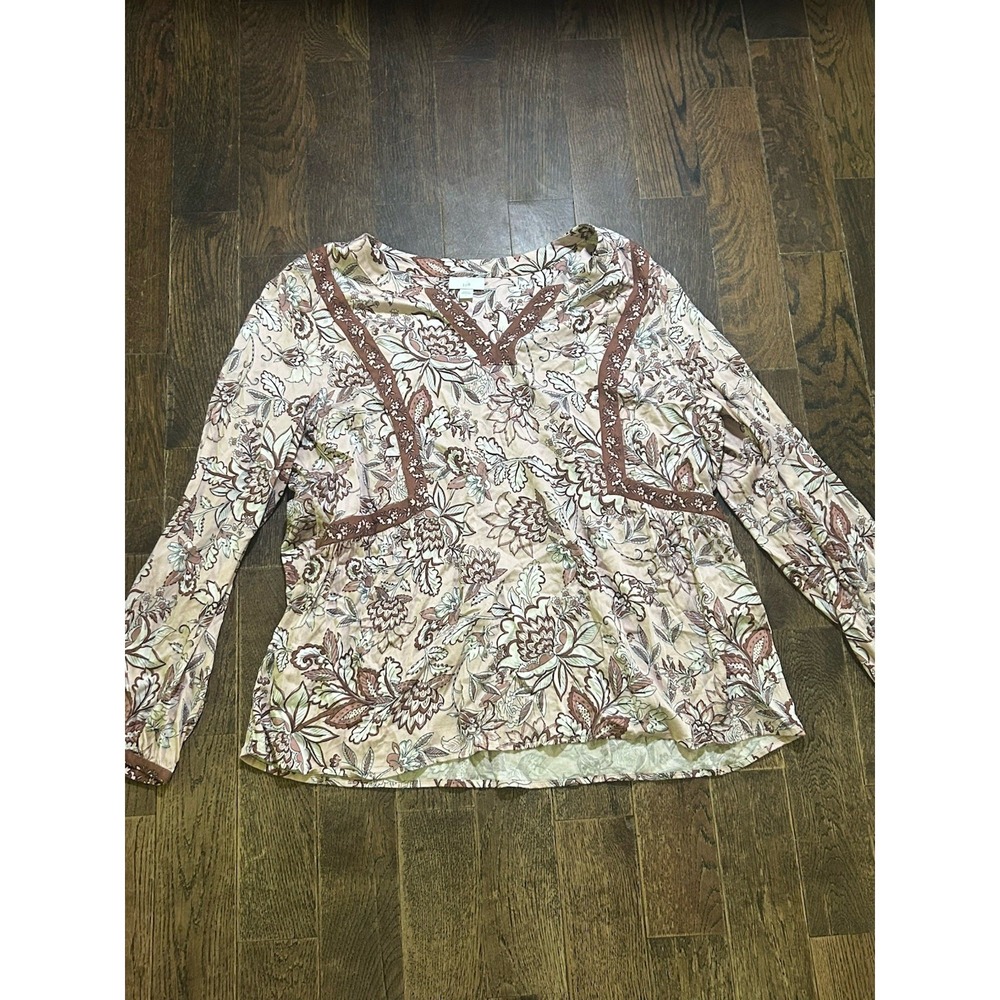J Jill Floral Long Sleeve V Neck Bohemian Peasant Light Pink Blouse‎ Large Boho